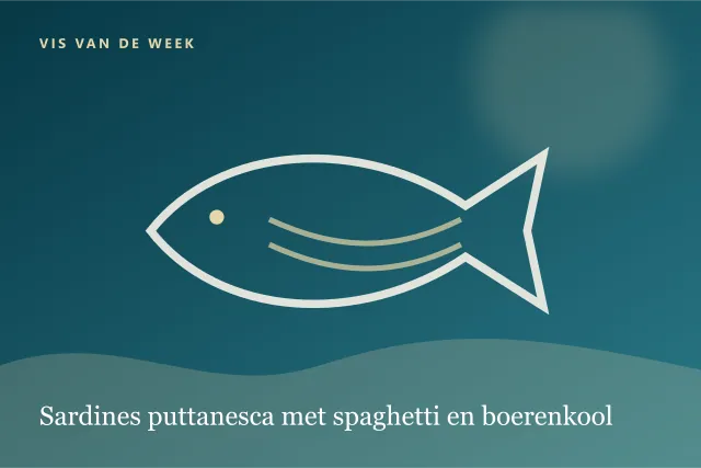 Donkere digitale serveersuggestie bij Sardines puttanesca met spaghetti en boerenkool.